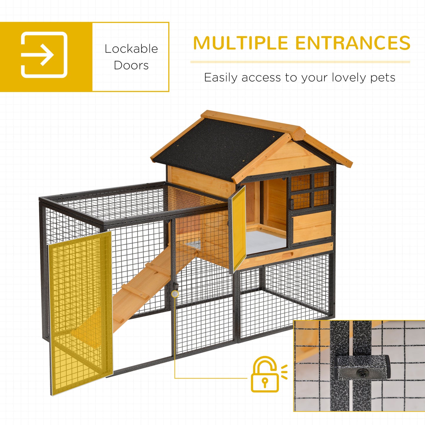 2-Level Rabbit Hutch Bunny Cage, Elevated Pet House With Weatherproof Hinged Asphalt Roof, Removable Tray & Ramp For Outdoor, Natural