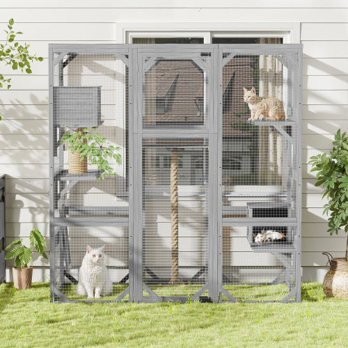 Outdoor Cat House Cat Enclosure, Cat Catio With Double Enter Doors 62.8 L X 32.2 W X68.5 H Balcony Cat Playpen With Platforms And Two Condos For 1-3 Cats Light Grey