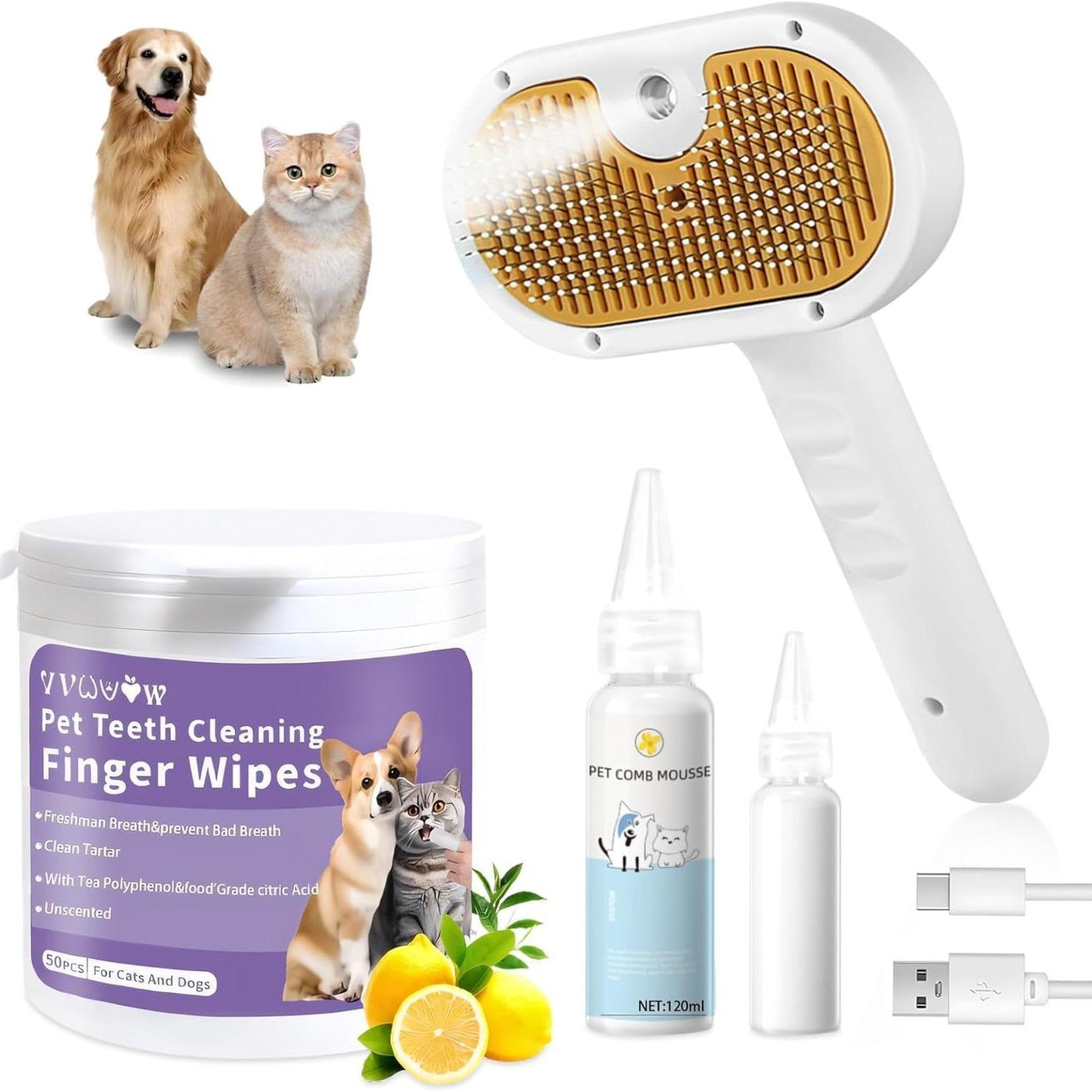 Universal Pet Steam Brush For Cats And Dogs 3-in-1 Spray Hair Removal Comb With Waterless Shampoo And Ear Towel