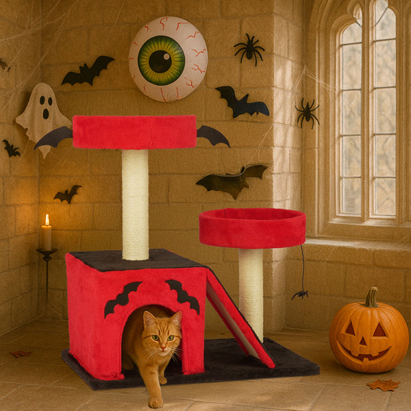 Halloween Cat Climbing Frame Gothic Cat Tree, Cat Tower With Spacious Cat Condo, 2 Padded Perches, Spider Toy, Scratching Posts, Scratching Ladder For Large Cats, Red & Black