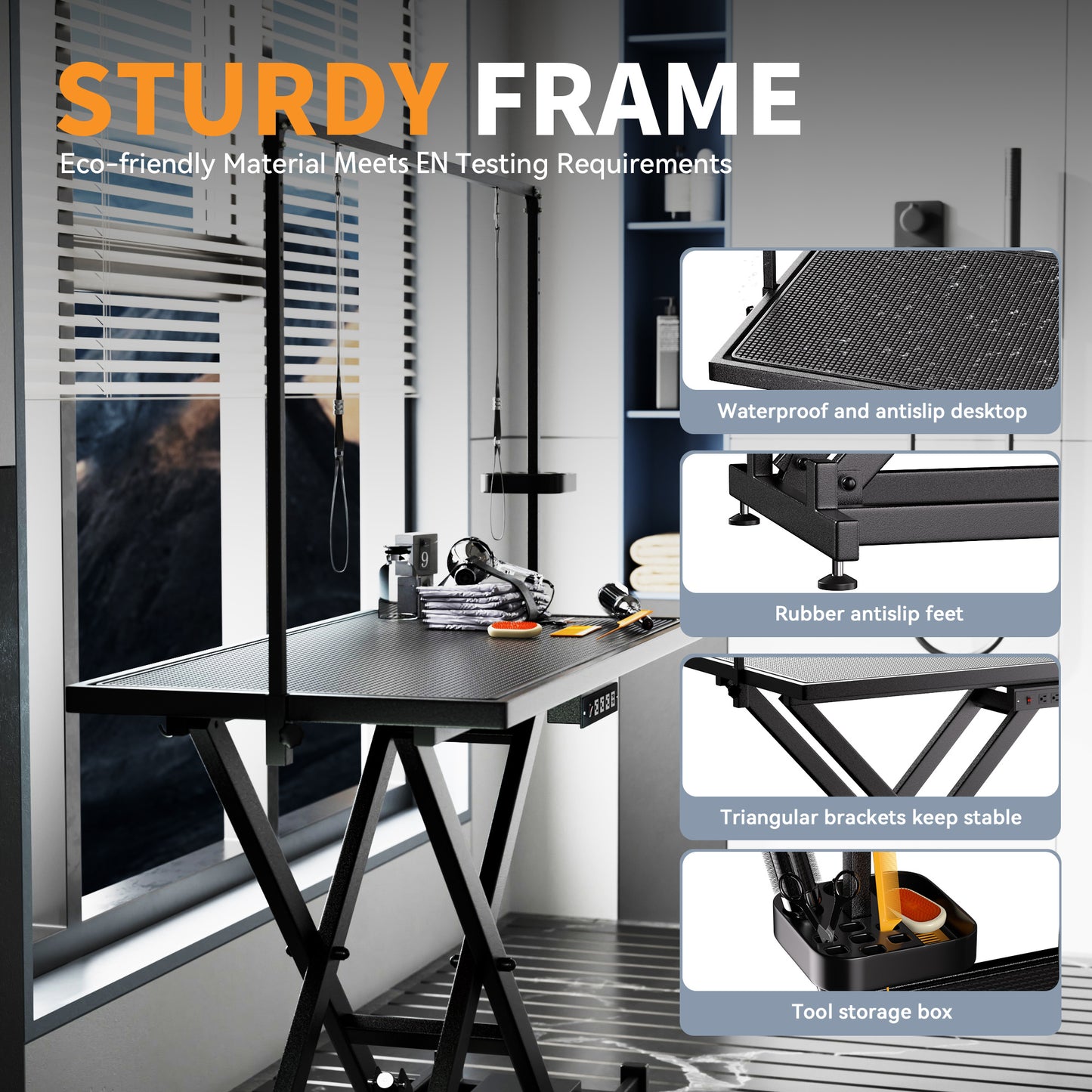 Height Adjustable Pet Grooming Table, Equipped With Leveling Wheels, Dog Grooming Arms, Anti Slip Tabletop, And Tool Organizer 50 Inches, Black