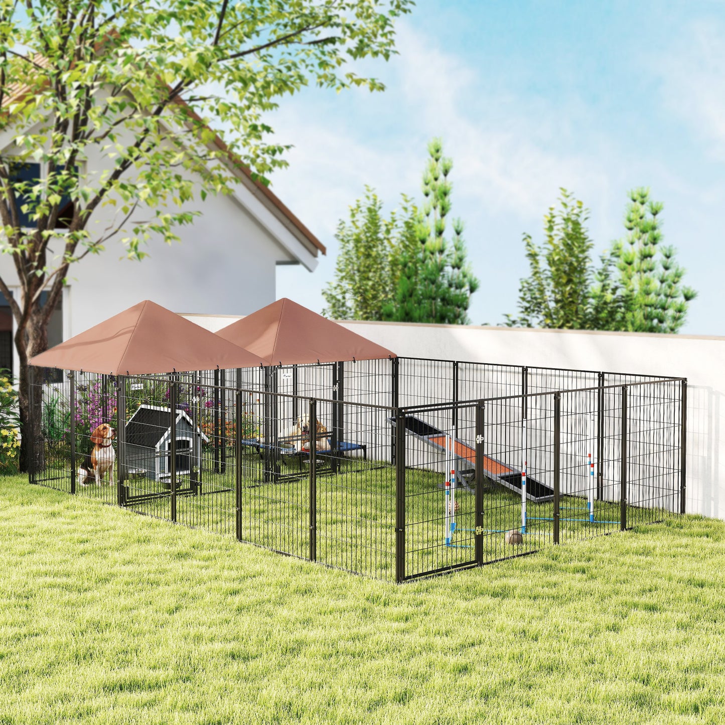Large Outdoor Dog Kennel With 2 Rooms, Rotating & Adjustable Height Bowls, 13.5 X 9.4 X 5.1