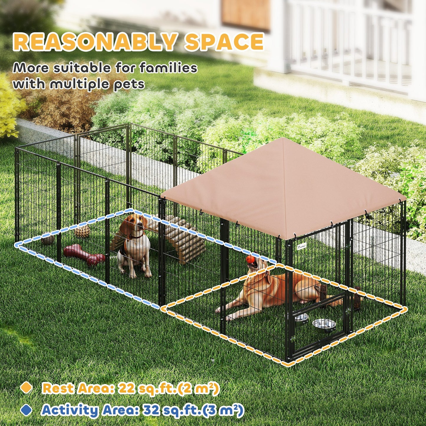 Large Outdoor Dog Kennel With Rotating & Adjustable Height Bowls, Waterproof & UV-Resistant Canopy, 11.3 X 4.7 X 5.1