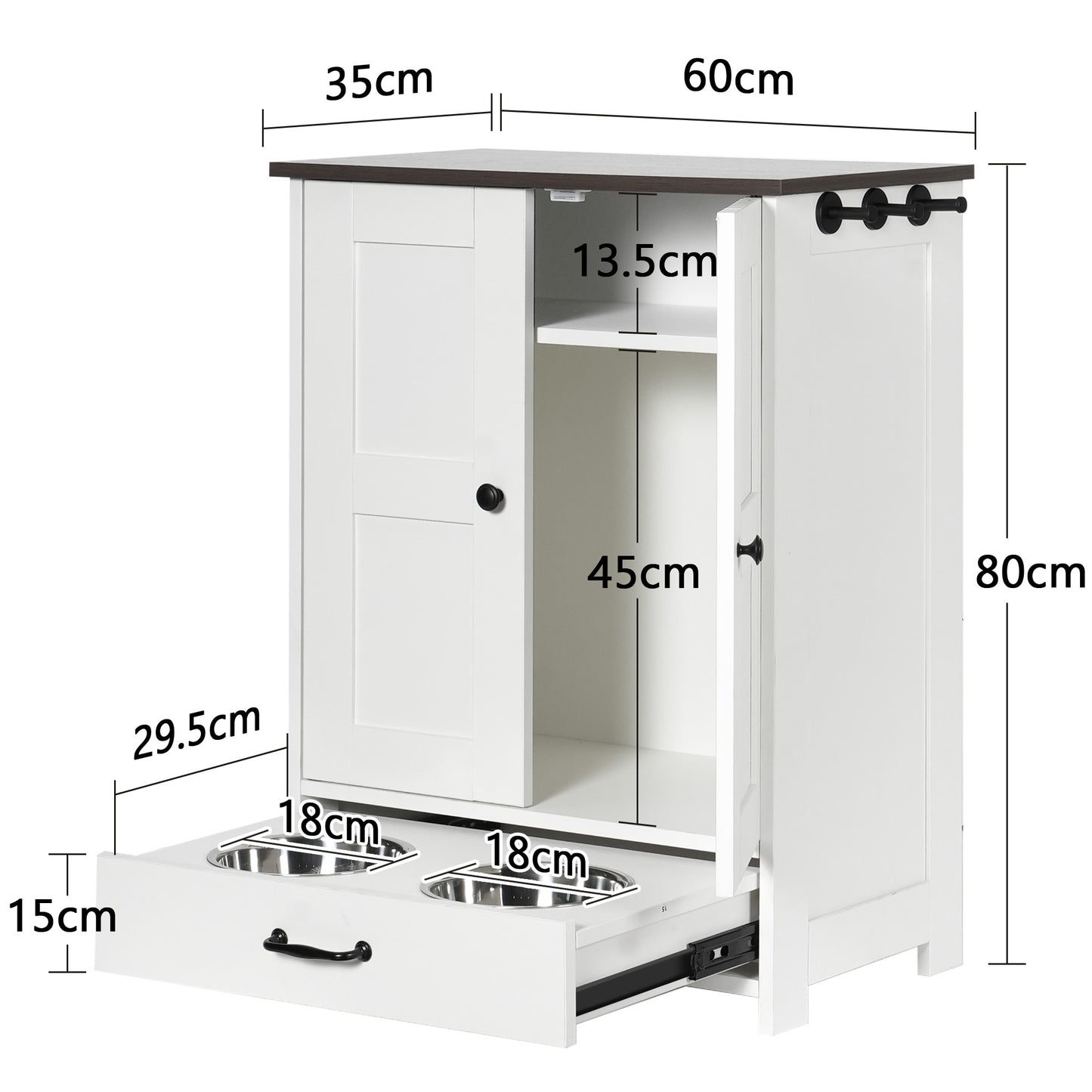 Dog Feeding Station, Dog Food Storage Cabinet With Hidden Dog Bowls, Adjustable Panel, Hooks, For Medium Sized Dogs, White