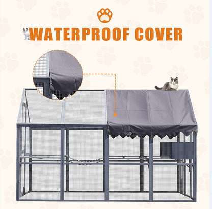 Outdoor Cat House Cat Fence, Upgraded Waterproof Cover - Gray