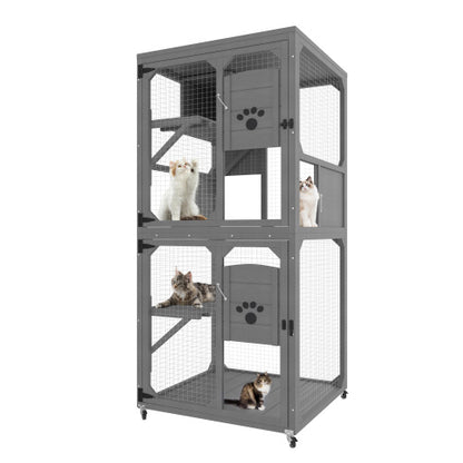 Catio Outdoor Cat Enclosure Window Access, 4 Tiers Cat House With Wheels, Resting Box & Waterproof Roof, Indoor Large Cat House Cage, Gray