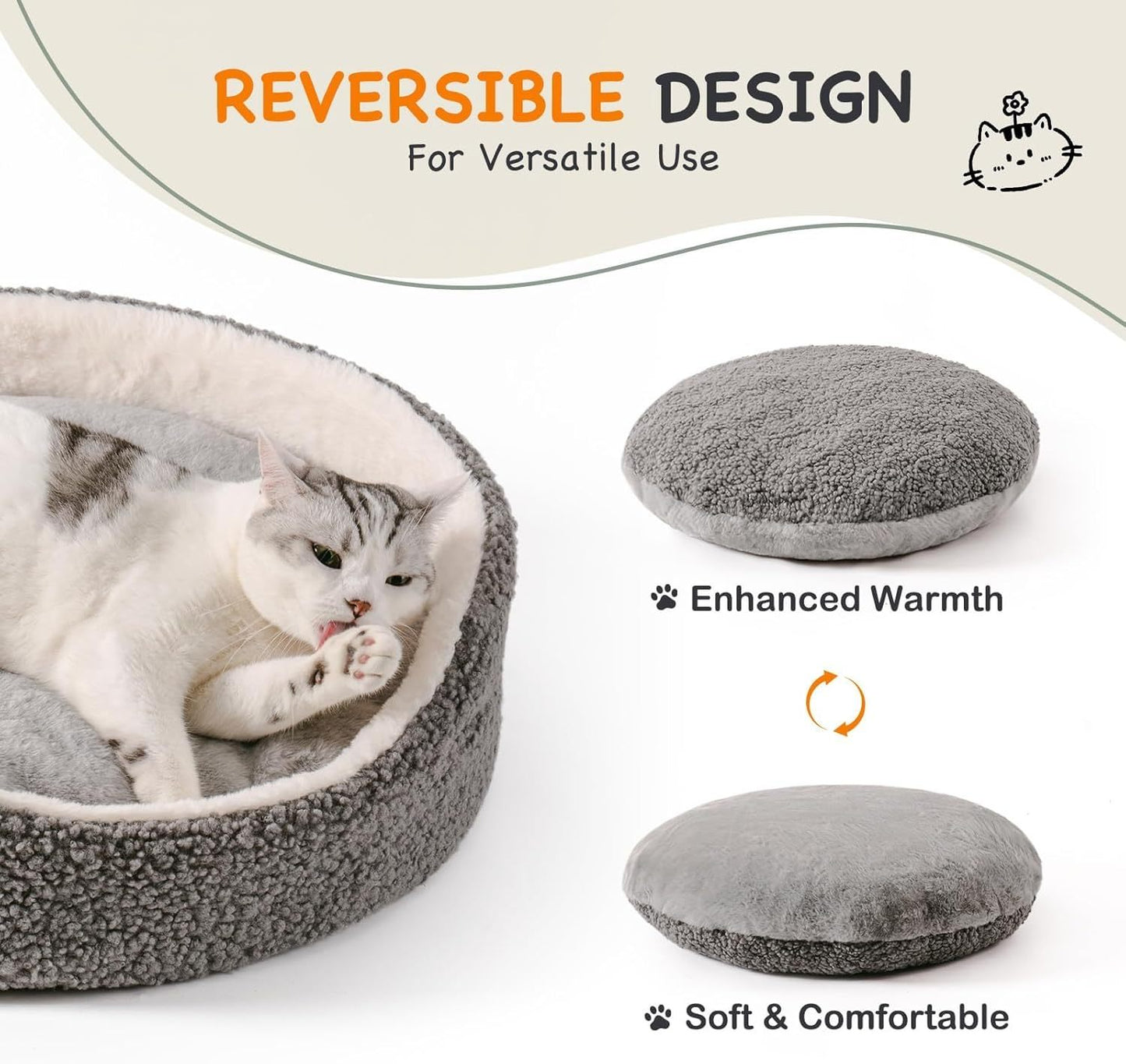 Washable Pet Bed For Small Dogs & Cats - 23x23x7 Inch Orthopedic Dog Bed With Non-Slip Bottom, Plush Round Bed For Puppies & Indoor Kittens, Grey