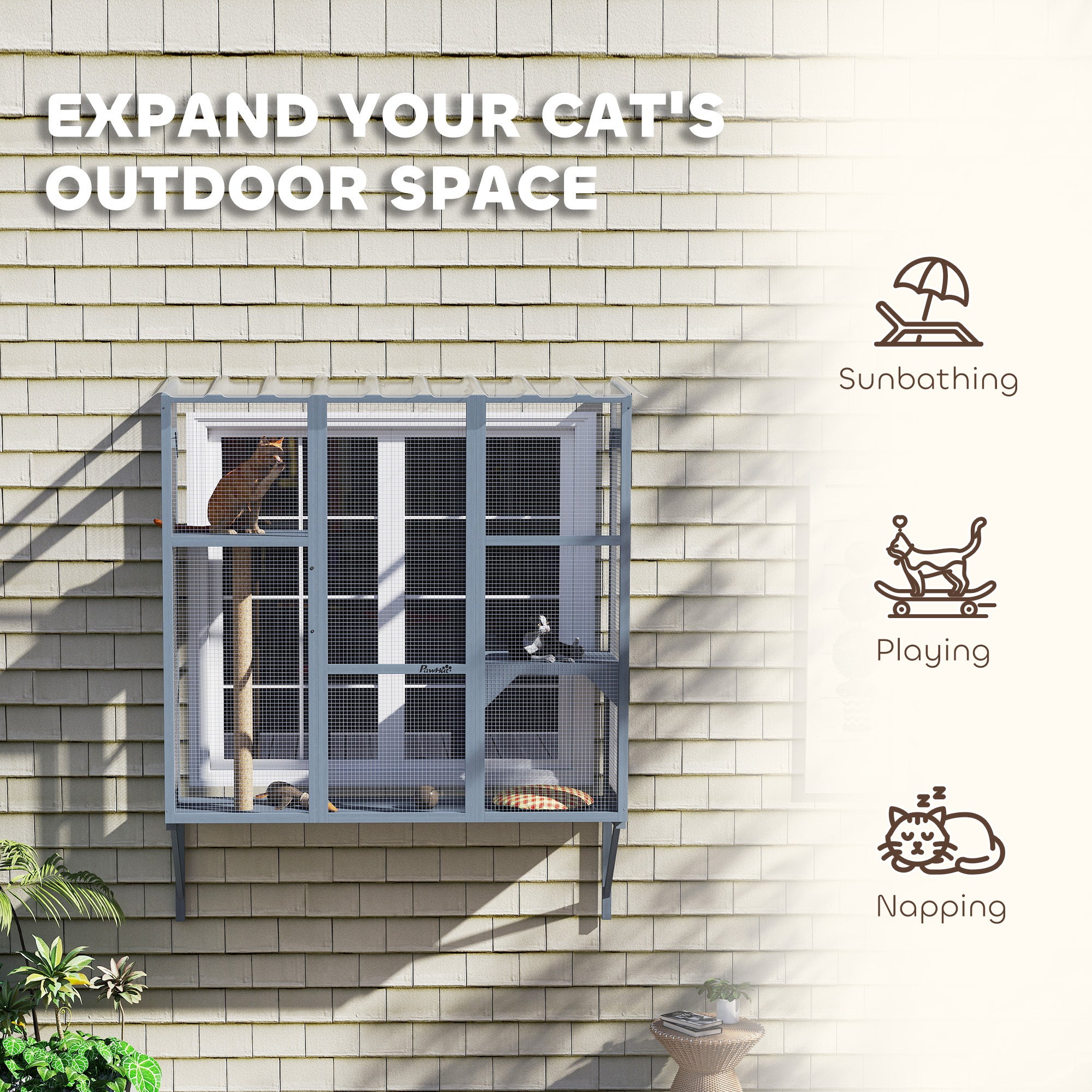 Catio Outdoor, Window Catio For 2-3 Large Indoor Cats W 2 Jumping Platforms, Scratching Post, For Playing, Napping