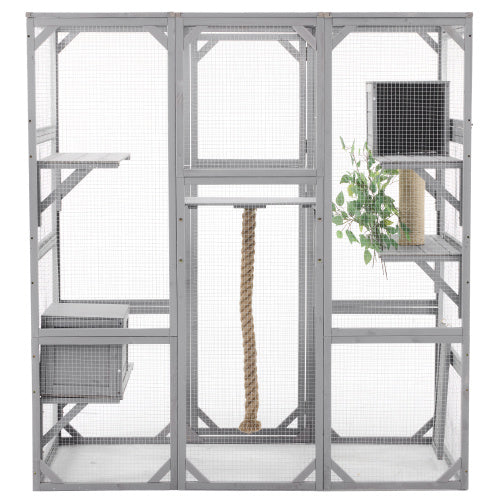 Outdoor Cat House Cat Enclosure, Cat Catio With Double Enter Doors  62.8 L X 32.2 W X68.5 H Balcony Cat Playpen With Platforms And Two Condos For 1-3 Cats  Light Grey