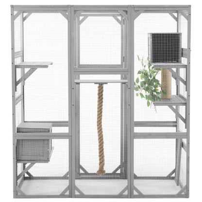 Outdoor Cat House Cat Enclosure, Cat Catio With Double Enter Doors  62.8 L X 32.2 W X68.5 H Balcony Cat Playpen With Platforms And Two Condos For 1-3 Cats  Light Grey