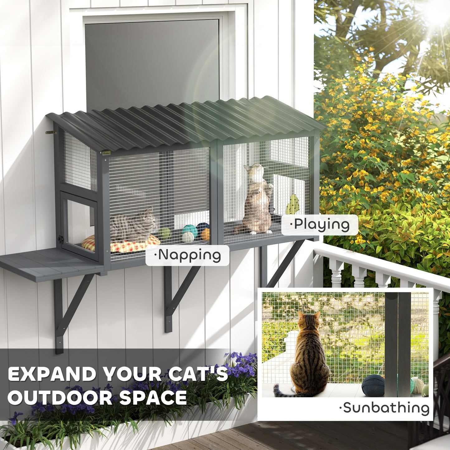 Wooden Cat Catio, Outdoor Cat Enclosure Window Perch With Jumping Platform, For Safely Enjoying Outdoor Sights, Gray