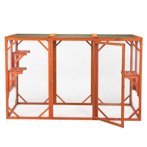 Wooden Cat House, Outdoor Cat Cage With Waterproof Asphalt Board And Cat Habitat, Orange