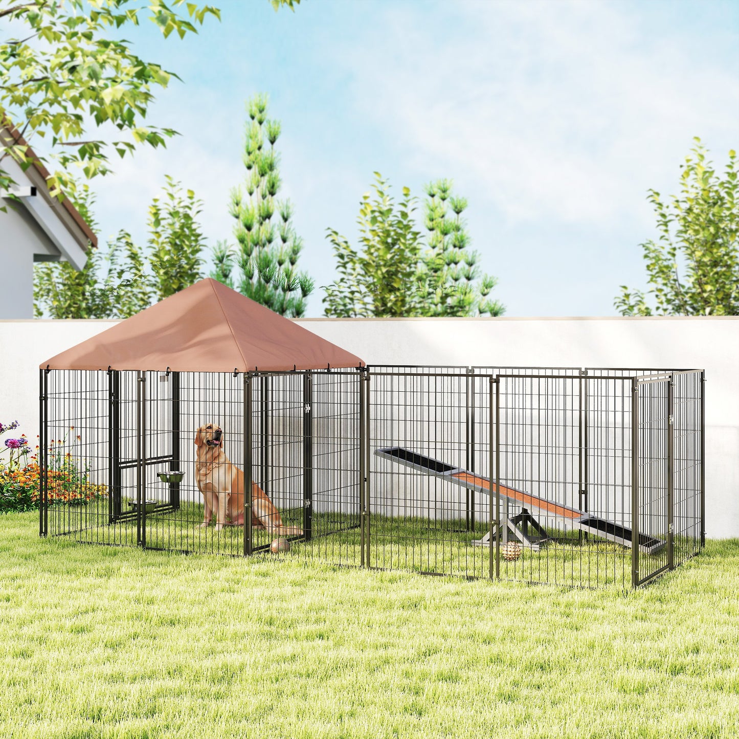 Large Outdoor Dog Kennel With Rotating & Adjustable Height Bowls, Waterproof & UV-Resistant Canopy, 11.3 X 4.7 X 5.1