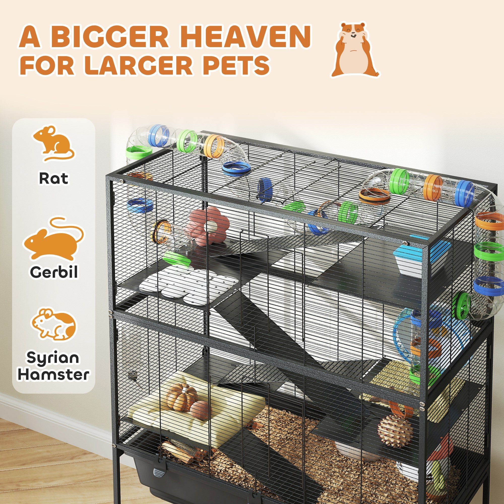 5 Tier Hamster Cage, Rolling Rat Cage With Deep Tray, Storage Shelf, Big Exercise Wheel, Hut, Tube System