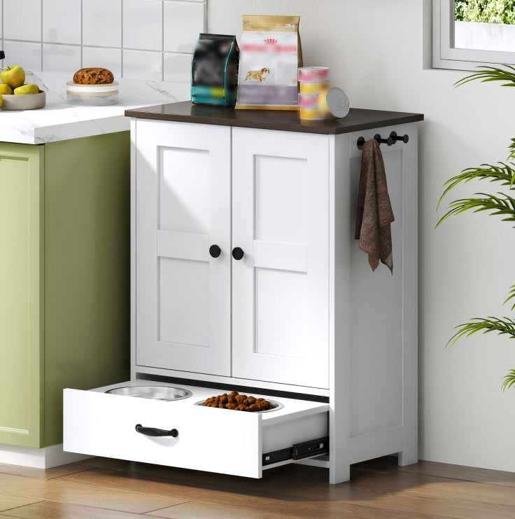 Dog Feeding Station, Dog Food Storage Cabinet With Hidden Dog Bowls, Adjustable Panel, Hooks, For Medium Sized Dogs, White
