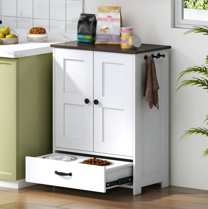 Dog Feeding Station, Dog Food Storage Cabinet With Hidden Dog Bowls, Adjustable Panel, Hooks, For Medium Sized Dogs, White