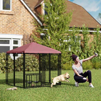 Welded Wire Outdoor Dog Kennel With 360 Rotating & 4 Levels Adjustable Bowls, Waterproof Cover, 4.6 X 4.6 X 5