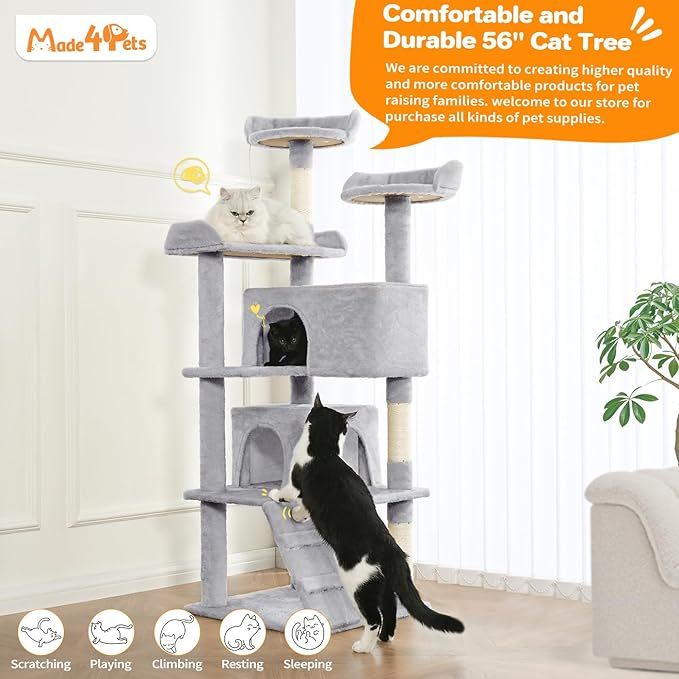 Made for Pets 56-inch Pet Cat Tree For Indoor Cats Multi-Level Cat Tree With 2 Apartments Cat Activity Center With Scratching Posts And Toys Light Gray