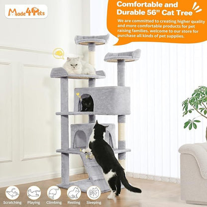 Made for Pets 56-inch Pet Cat Tree For Indoor Cats Multi-Level Cat Tree With 2 Apartments Cat Activity Center With Scratching Posts And Toys Light Gray