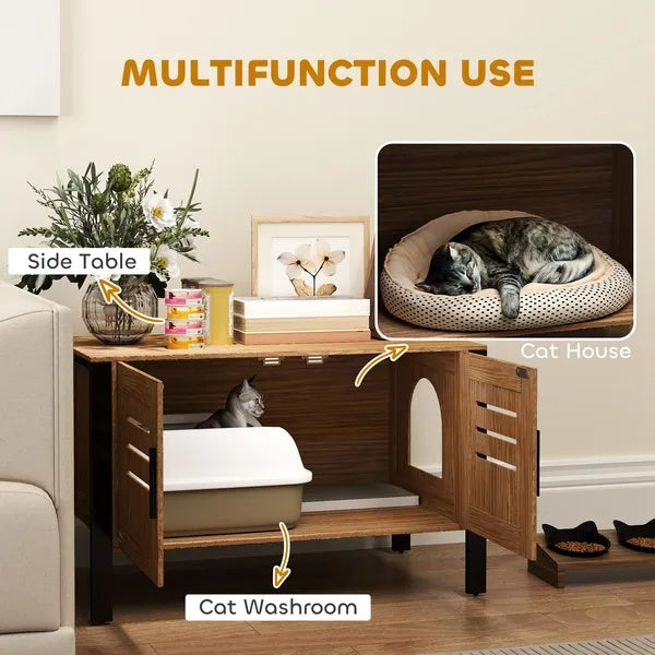 Cat Litter Box Enclosure With Tall Legs, Scratching Board, Dark Brown