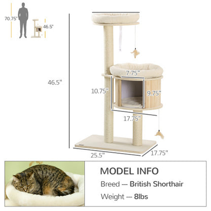 PawHut 3 Level Cat Tree With Sisal Scratching Posts  Cat Badminton Toy For Playing  Soft Cushions  Play Areas