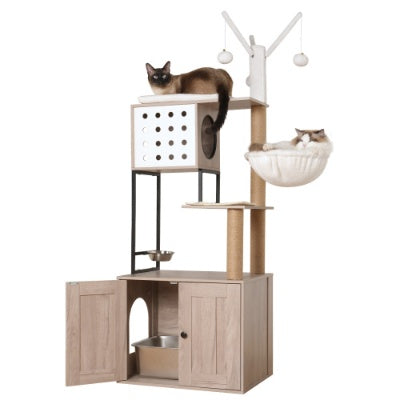 Cat Tree With Litter Box Enclosure - Modern Cat Condo With Scratching Posts, Feeding Bowl  Removable Pompom Sticks, Gray