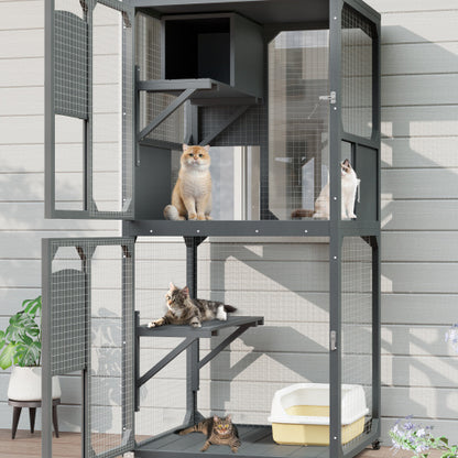 Catio Outdoor Cat Enclosure Window Access, 4 Tiers Cat House With Wheels, Resting Box & Waterproof Roof, Indoor Large Cat House Cage, Gray