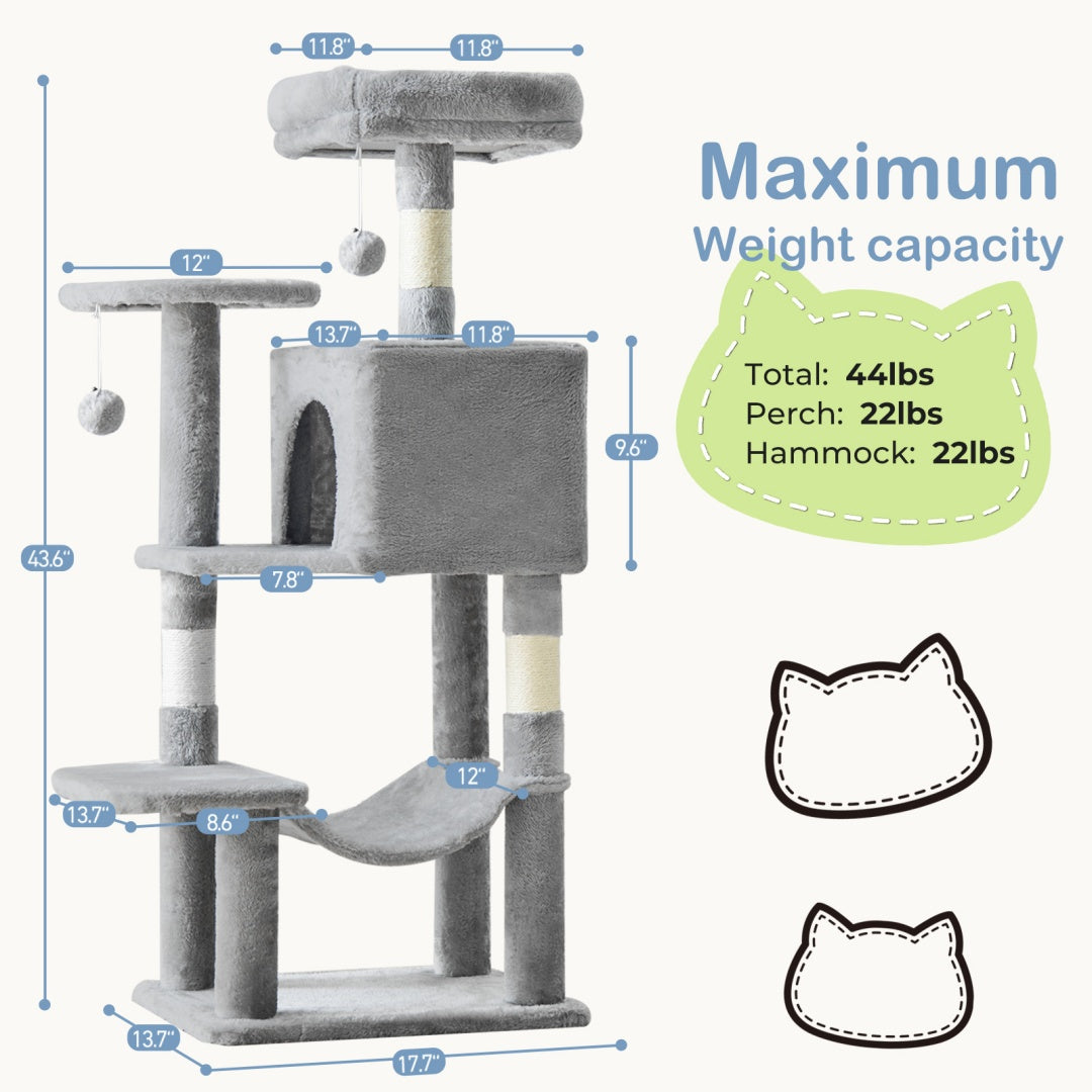 44 Inch Cat Tree Tower, Multi-Cat Climbing Tower With, Natural Sisal Scratching Posts, Extended Platform, Hammock