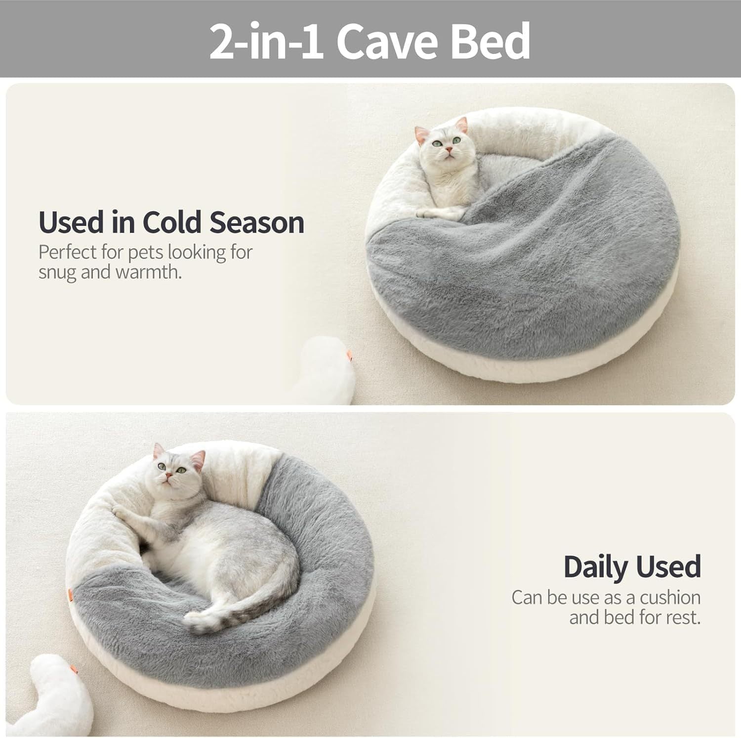 Cat Bed Cave - Washable Pet Bed With Blanket & Non-Slip Base For Cats & Small Dogs 22'' X 22'', White