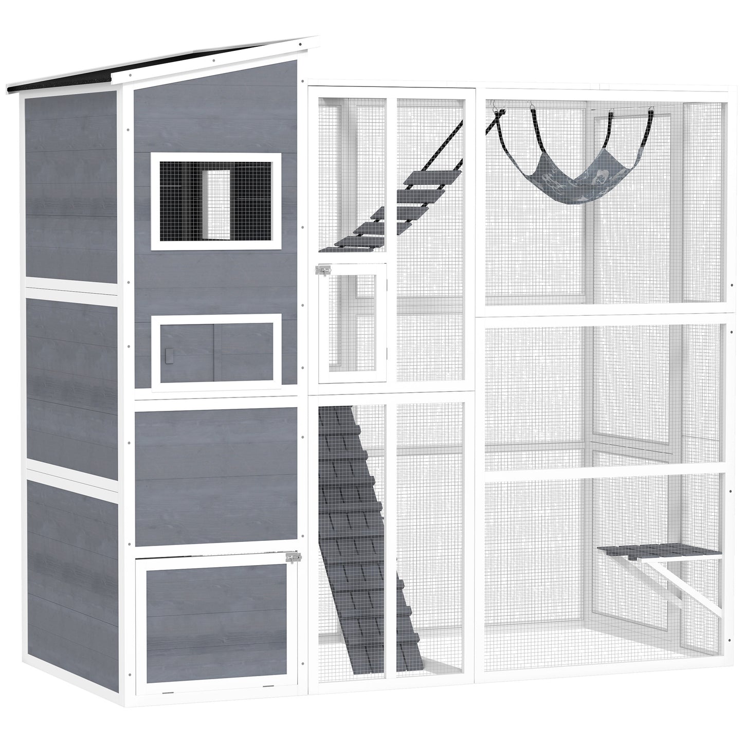 Large Wooden Outdoor, Cat Enclosure W 4 Tier Resting Rooms, 3 Platforms, 1 Soft Ladder, 2 Ramps, 1 Hammock, Gray