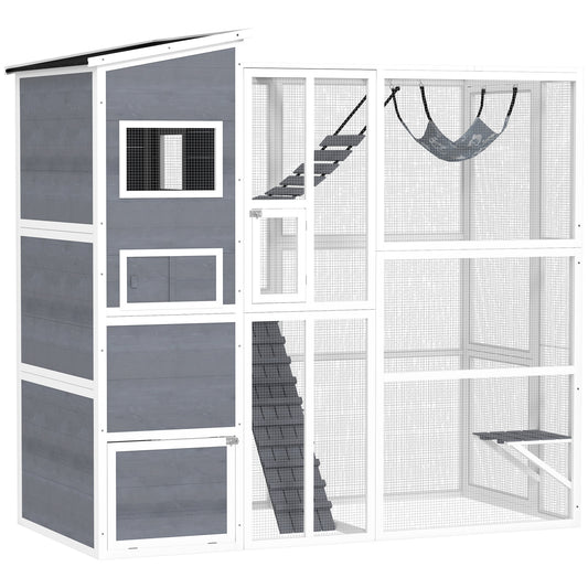 Large Wooden Outdoor, Cat Enclosure W 4 Tier Resting Rooms, 3 Platforms, 1 Soft Ladder, 2 Ramps, 1 Hammock, Gray
