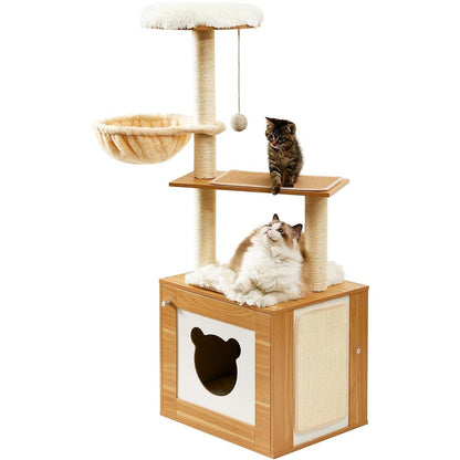 Solid Wood Cat Tree And Tower With Litter Box, Cat Scratching Board And Hammock For Indoor Large Cats