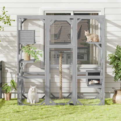 Outdoor Cat House Cat Enclosure, Cat Catio With Double Enter Doors  62.8 L X 32.2 W X68.5 H Balcony Cat Playpen With Platforms And Two Condos For 1-3 Cats  Light Grey