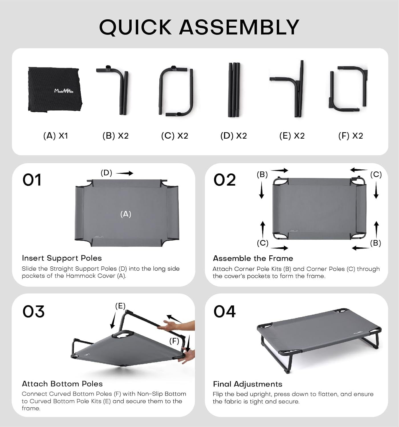 Made4Pets Large Dog Outdoor Adjustable Pet Bed With Buckle Legs, Washable Mesh Cover, Non-Slip Feet, Durable And Bite-Resistant, Suitable For Indoor And Outdoor Use
