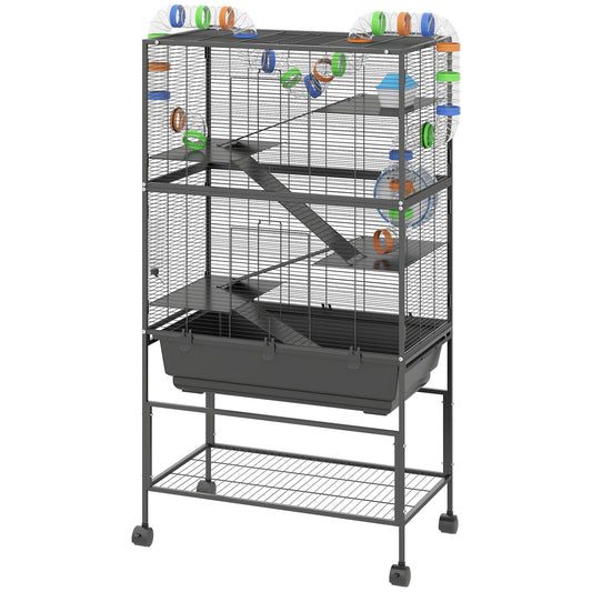 5 Tier Hamster Cage, Rolling Rat Cage With Deep Tray, Storage Shelf, Big Exercise Wheel, Hut, Tube System