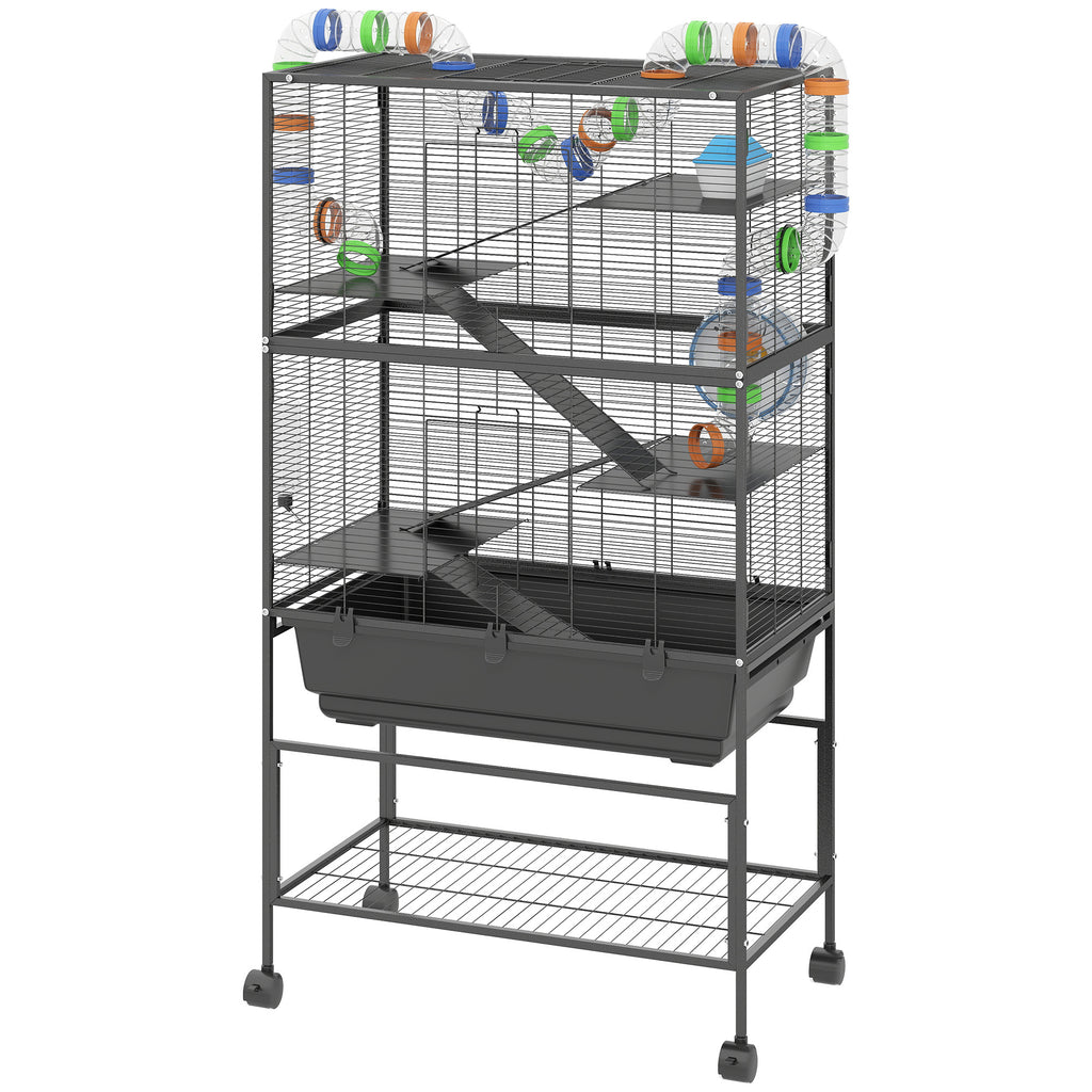 5 Tier Hamster Cage, Rolling Rat Cage With Deep Tray, Storage Shelf, Big Exercise Wheel, Hut, Tube System