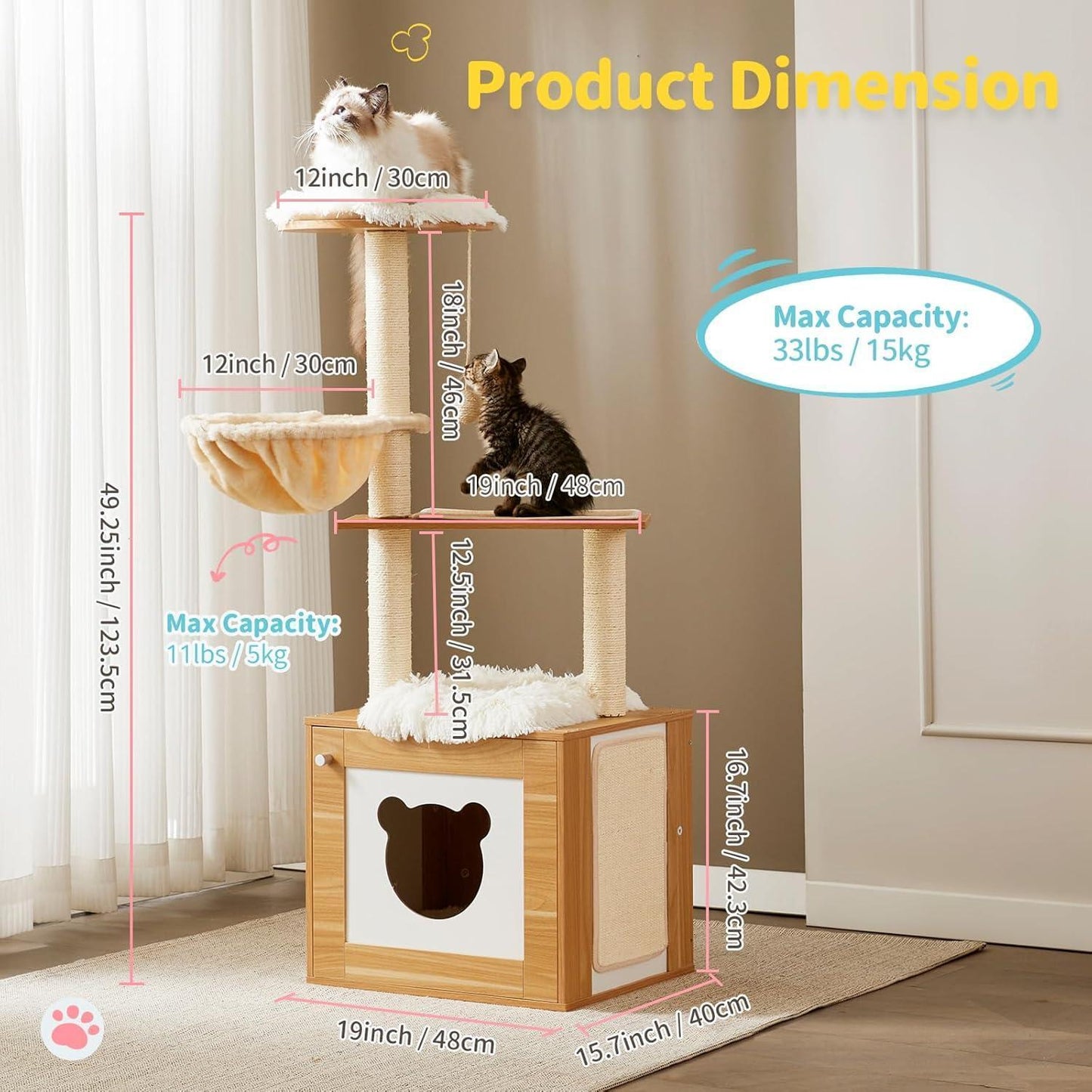 Solid Wood Cat Tree And Tower With Litter Box, Cat Scratching Board And Hammock For Indoor Large Cats
