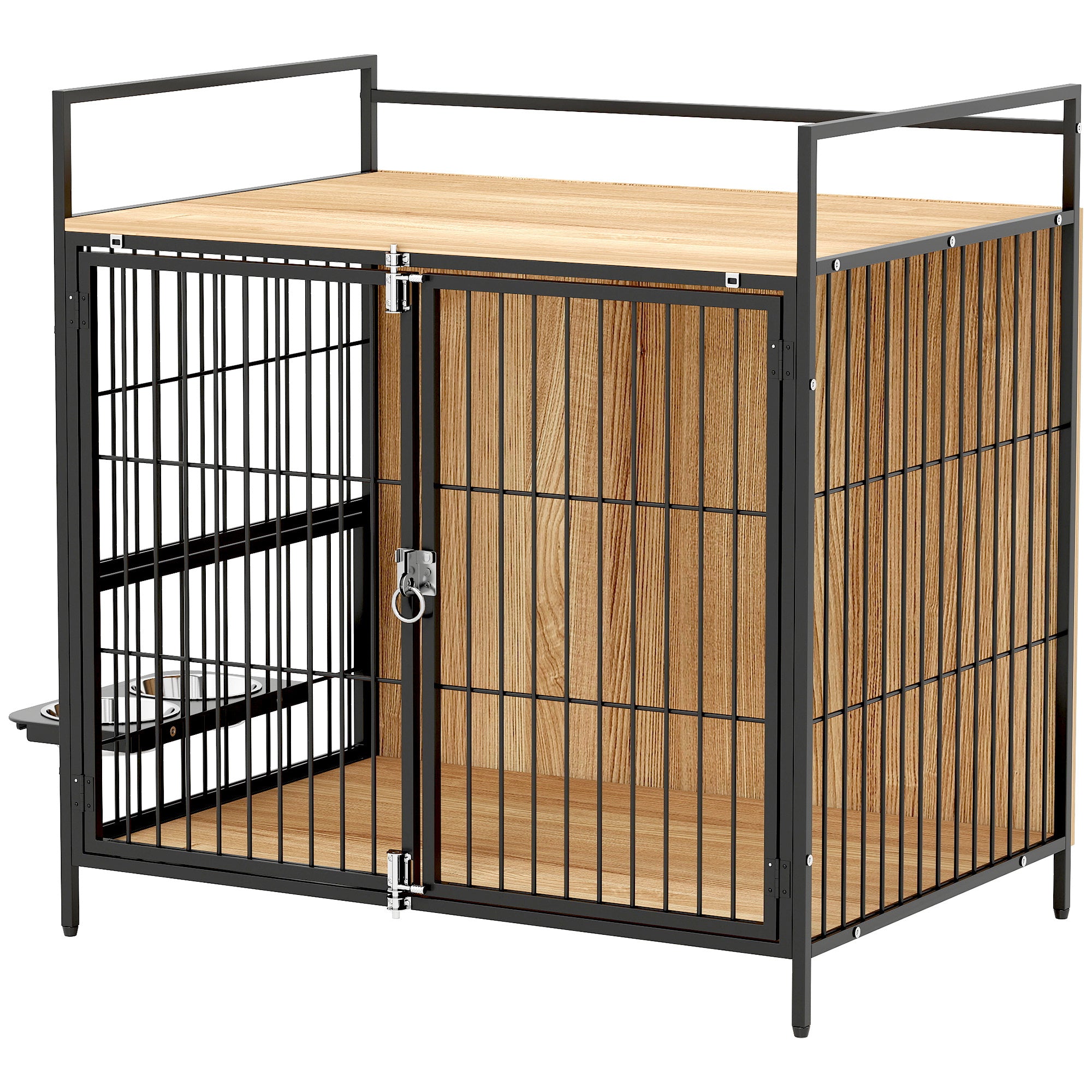 30 Inch Dog Crate Furniture, Indoor Pet Kennel Side Table With Rotatable Bowls, 2 Anti-Escape Doors, For M Dogs, Oak