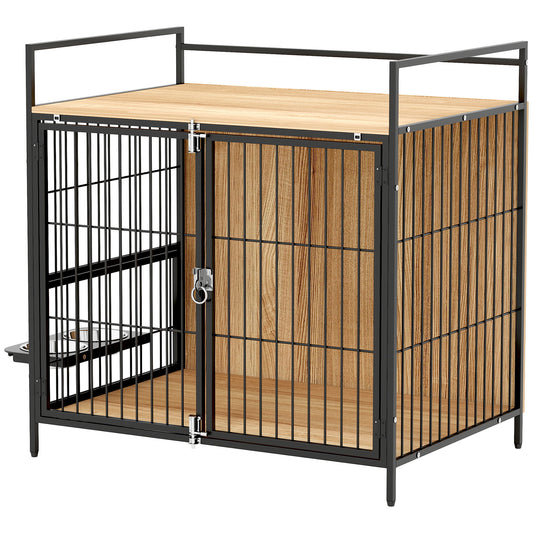 30 Inch Dog Crate Furniture, Indoor Pet Kennel Side Table With Rotatable Bowls, 2 Anti-Escape Doors, For M Dogs, Oak