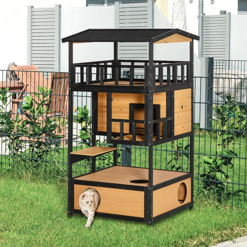 Handmade Wooden Outdoor Cat House, Wild Cat Shelter Kitten Tree