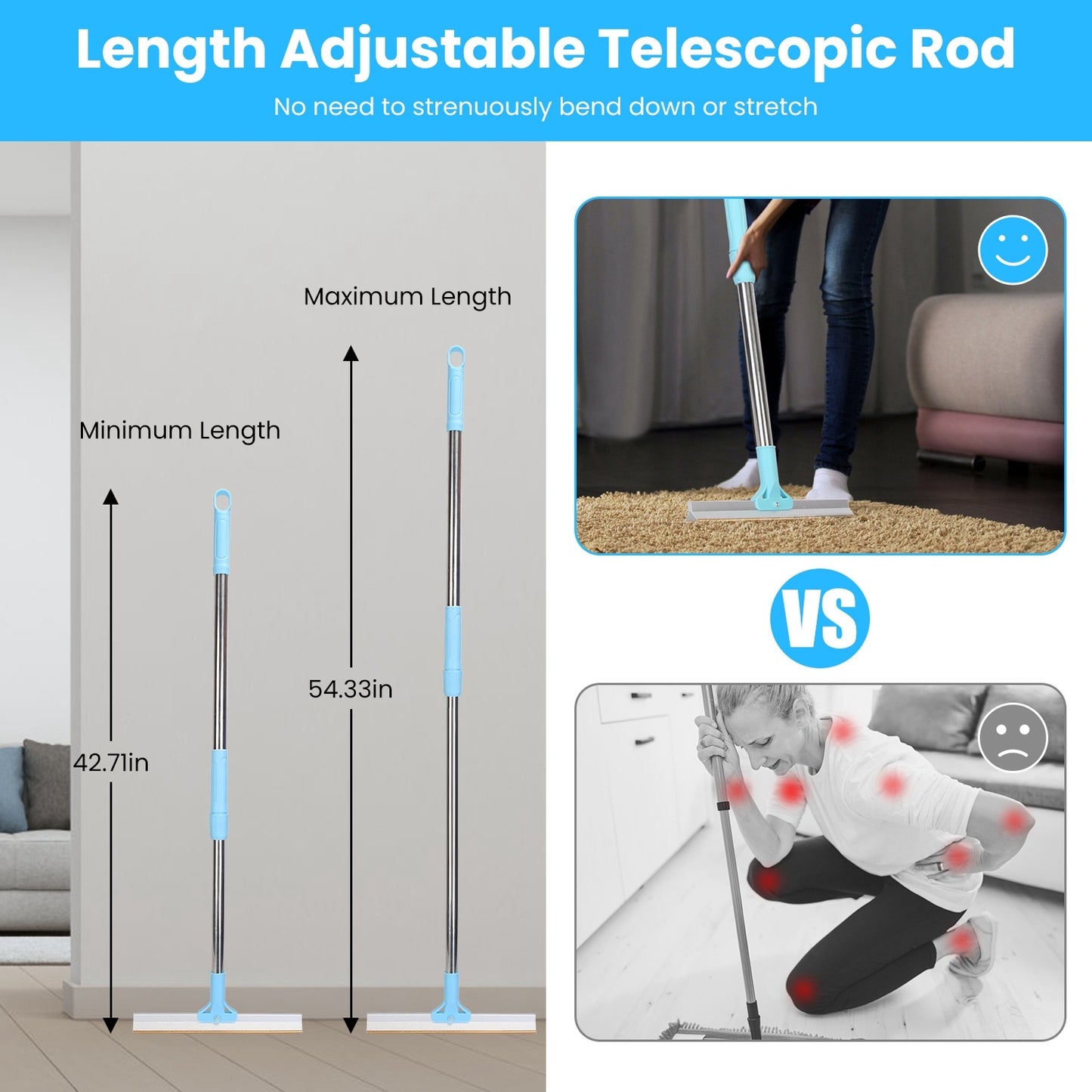 1Pc Pet Hair Removal Rake With 54.33in Adjustable Telescopic Rod Multi-Fabric Dog Cat Hair Scraper Lint Shaver For Carpet Rug Clothes Couch