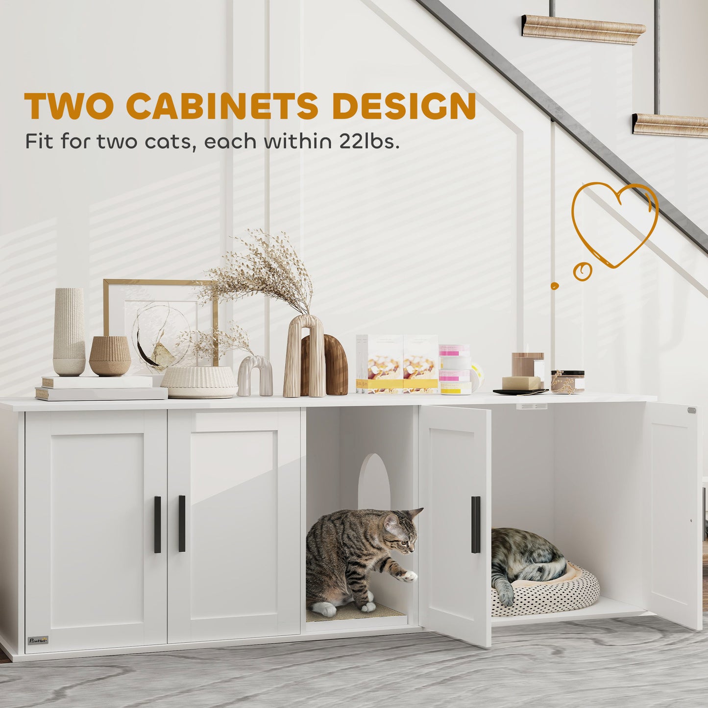 Cat Litter Box Enclosure With Double Room, Scratching Mat For 2 Cats, 57 X 19 X 20, White