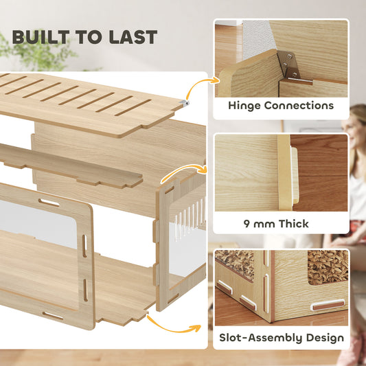 Hamster Cage With Easy View Acrylic Panels, Air Vents & Openable Roof, For Gerbil, Guinea Pig, 39 X 20 X 18.5, Oak