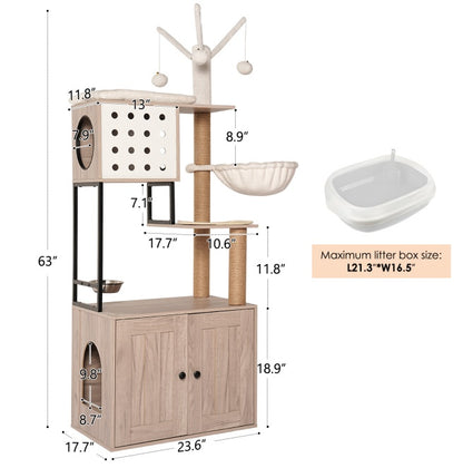 Cat Tree With Litter Box Enclosure - Modern Cat Condo With Scratching Posts, Feeding Bowl & Removable Pompom Sticks, Gray
