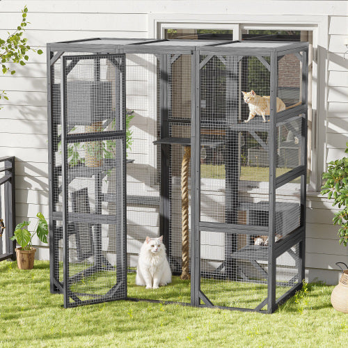 Outdoor Cat House Cat Enclosure, Cat Catio With Double Enter Doors  62.8 L X 32.2 W X68.5 H Balcony Cat Playpen With Platforms And Two Condos For 1-3 Cats  Light Grey