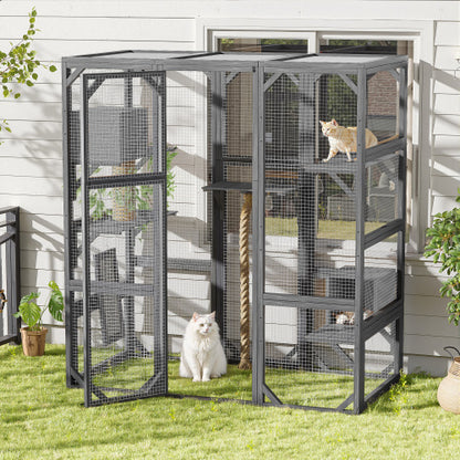 Outdoor Cat House Cat Enclosure, Cat Catio With Double Enter Doors  62.8 L X 32.2 W X68.5 H Balcony Cat Playpen With Platforms And Two Condos For 1-3 Cats  Light Grey