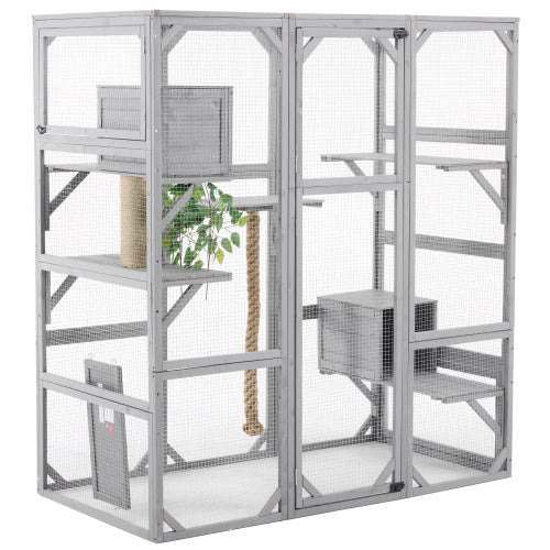 Outdoor Cat House Cat Enclosure, Cat Catio With Double Enter Doors  62.8 L X 32.2 W X68.5 H Balcony Cat Playpen With Platforms And Two Condos For 1-3 Cats  Light Grey