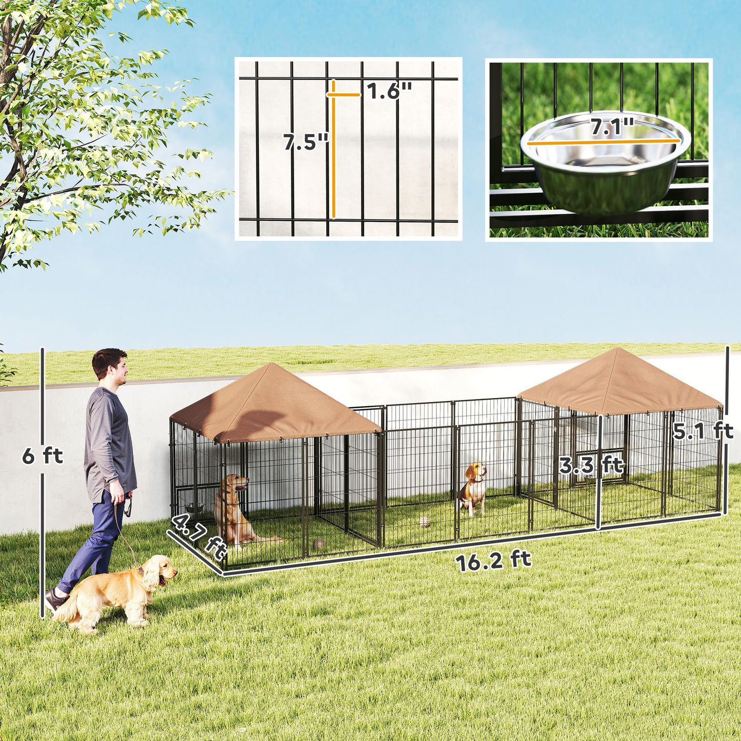 Large Outdoor Dog Kennel With 2 Rooms, Rotating & Adjustable Height Bowls, Waterproof & UV-Resistant Canopy