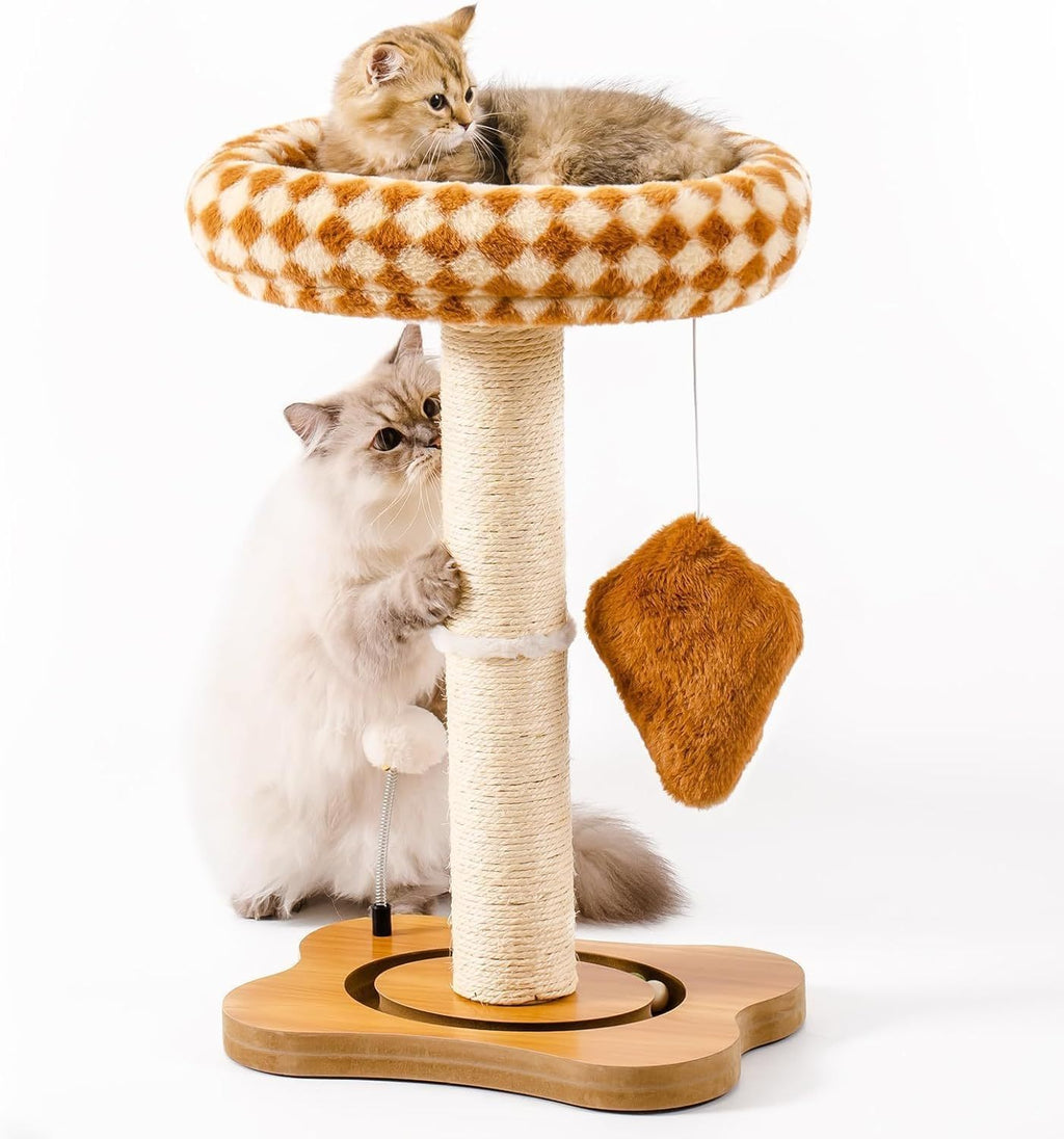 Cat Scratching Post With Bed - Small Cat Tower With Sisal Scratcher, Removable Perch & Ball Track Toys For Indoor Cats Brown, Medium