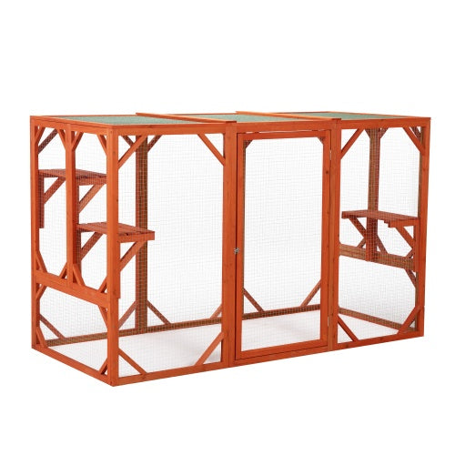Wooden Cat House, Outdoor Cat Cage With Waterproof Asphalt Board And Cat Habitat, Orange